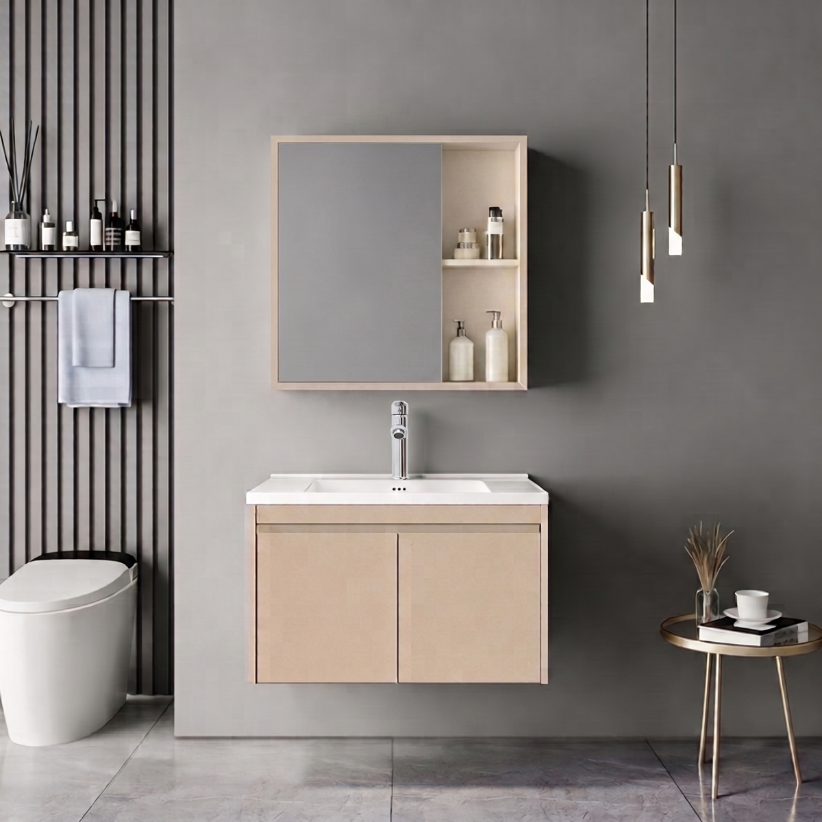Sinkea Mentis pakoworld vanity with washbasin faucet and mirror in cappuccino color and chrome