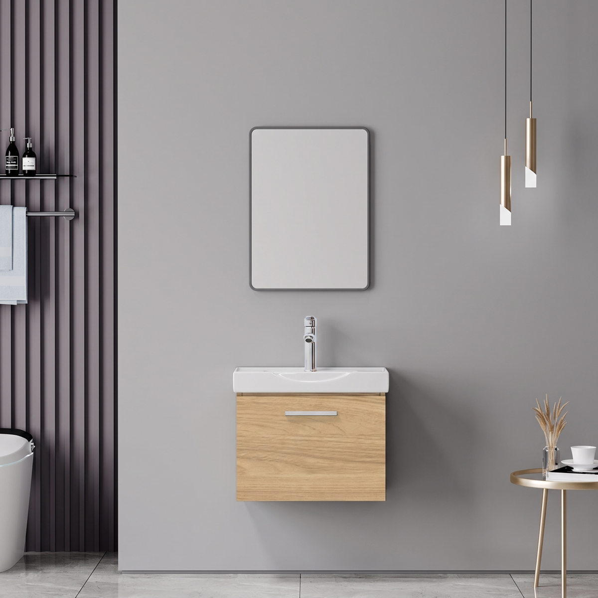 Renza Mentis pakoworld vanity with washbasin faucet and mirror in oak and chrome
