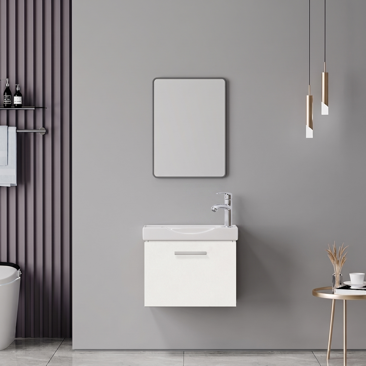 Renza Mentis pakoworld vanity with washbasin faucet and mirror in white and chrome