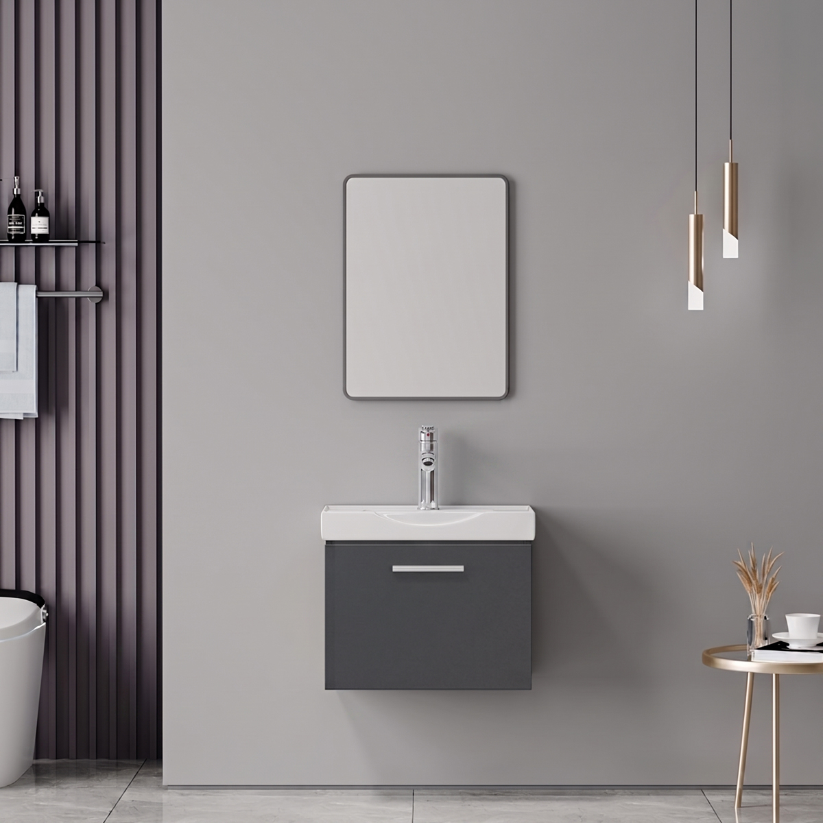 Renza Mentis pakoworld vanity with washbasin faucet and mirror in anthracite and chrome