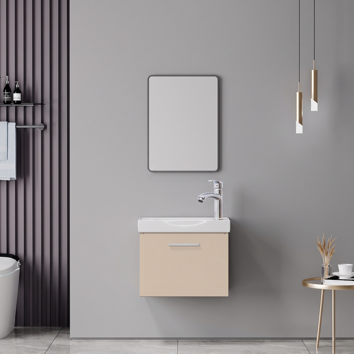 Renza Mentis pakoworld vanity with washbasin faucet and mirror in cappuccino and chrome