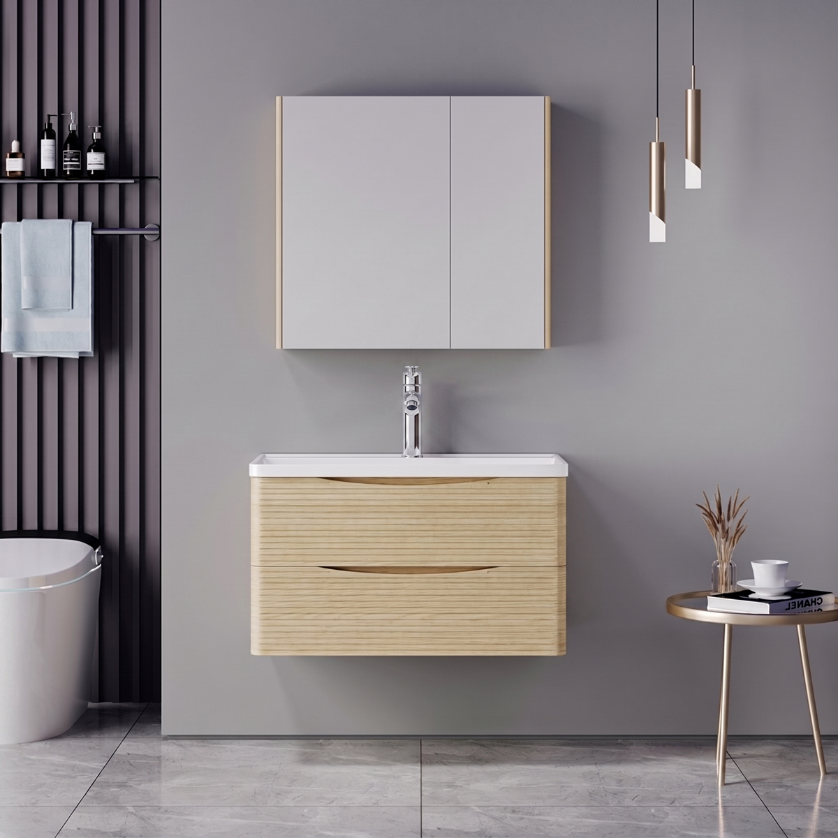 Tzouena Mentis pakoworld vanity with washbasin faucet and mirror in oak and chrome