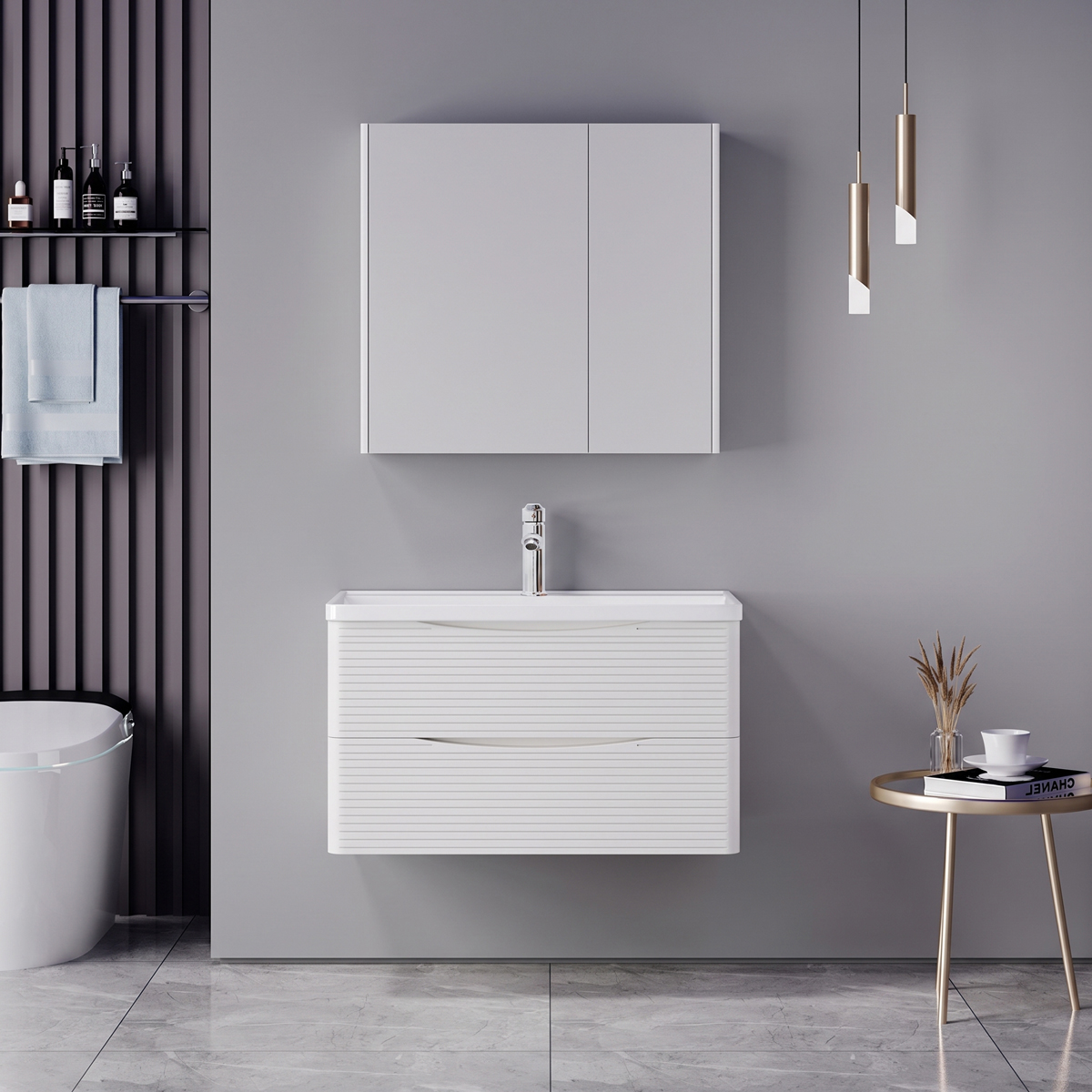 Tzouena Mentis pakoworld vanity with washbasin faucet and mirror in white and chrome