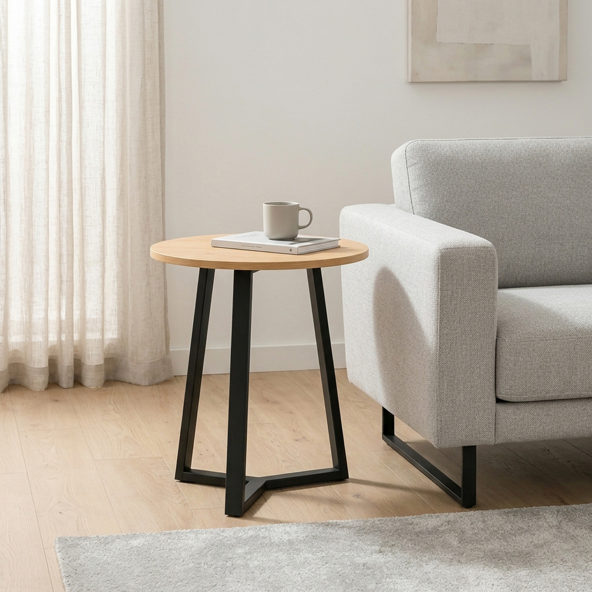 Side table Berton pakoworld in natural color and black metal D45x52cm