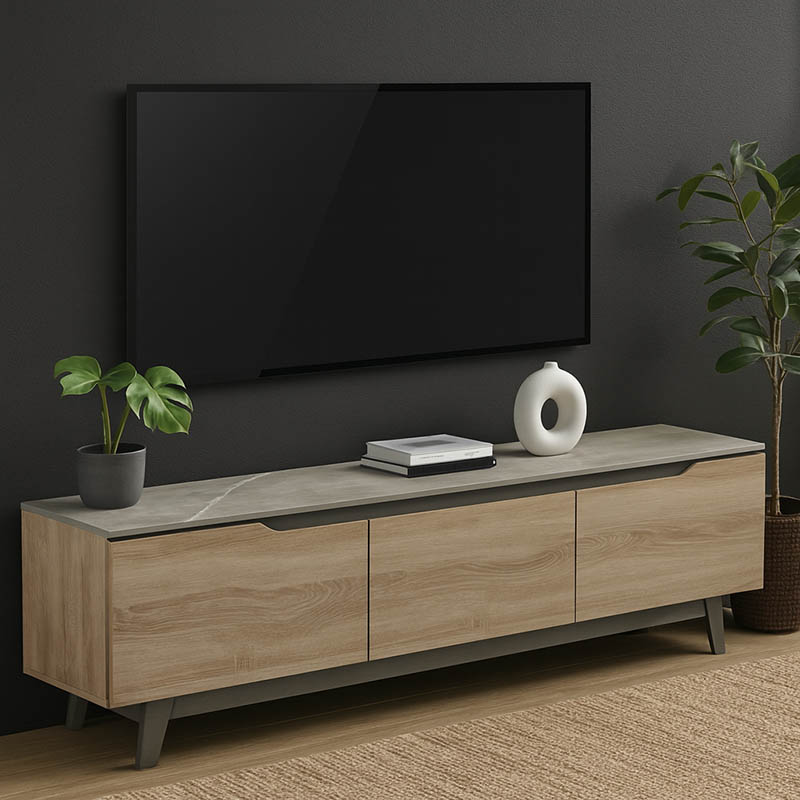 Kasandra TV cabinet in beige marble-sonoma shade 180x35x48.5cm