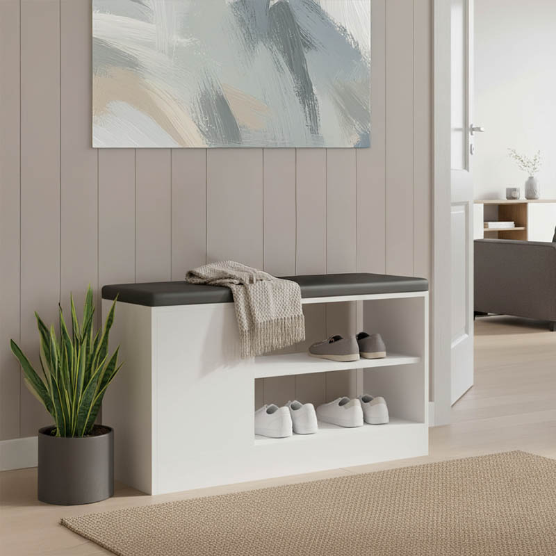 Παπουτσοθήκη-σκαμπό Deboule 8 ζευγών σε λευκή-μαύρη απόχρωση 90x30x46εκ