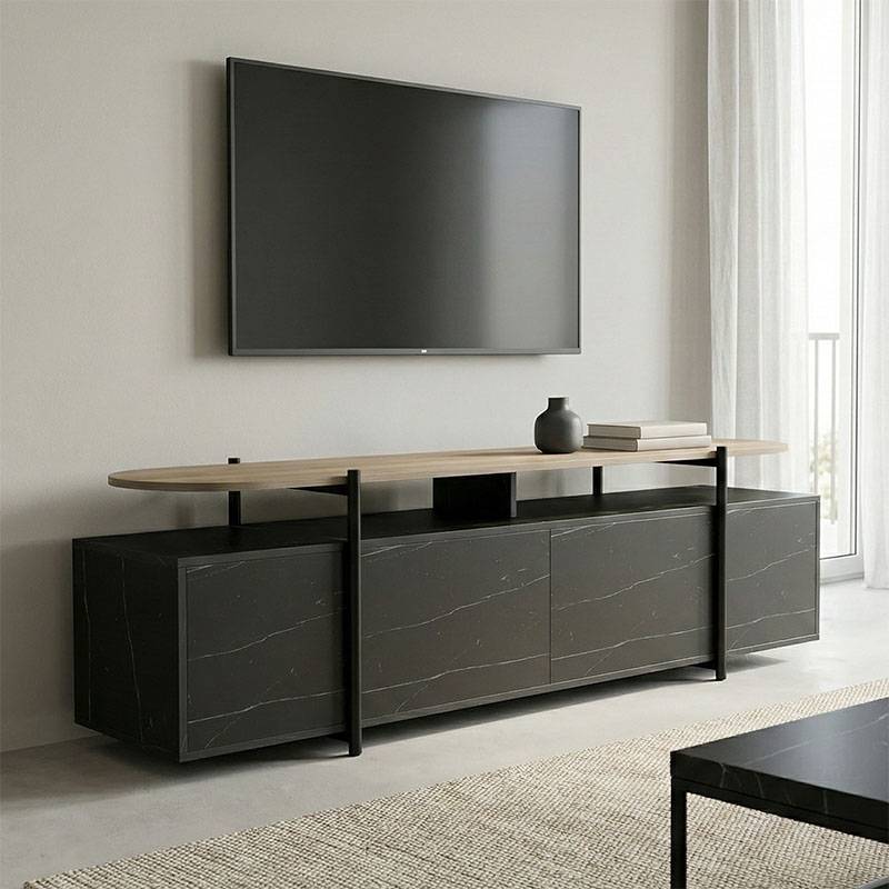 Medousa sonoma TV cabinet with black marble finish 160x35.5x50cm