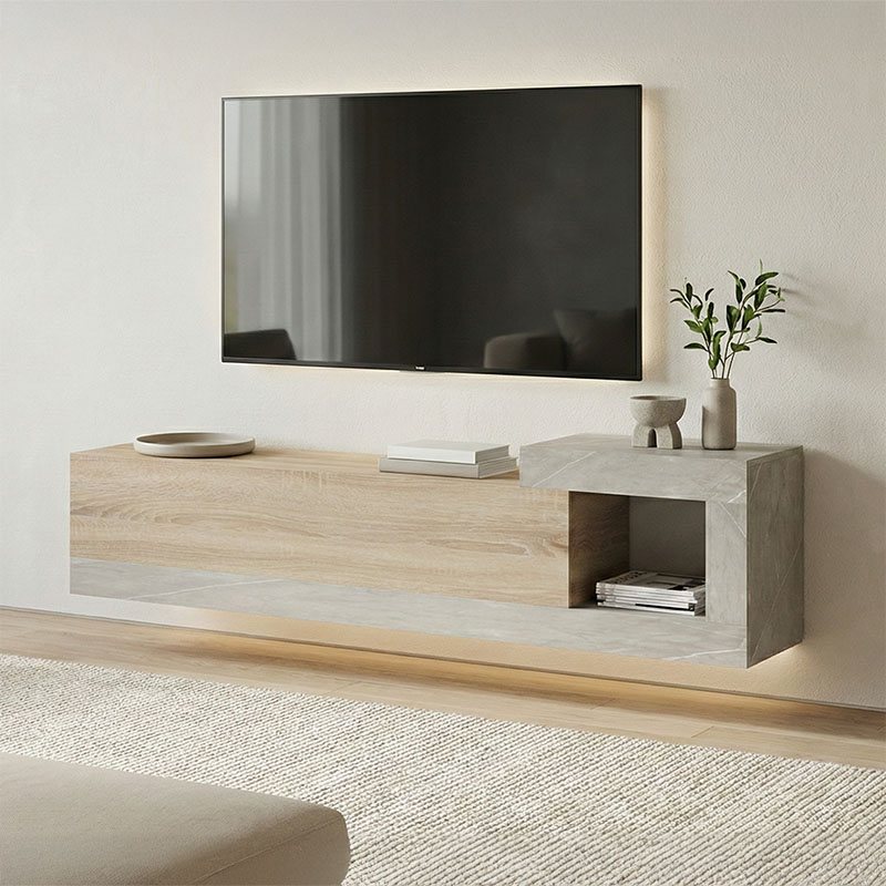 Wall-mounted TV cabinet Flato sonoma-gray beige marble look 150x29.5x38.5cm