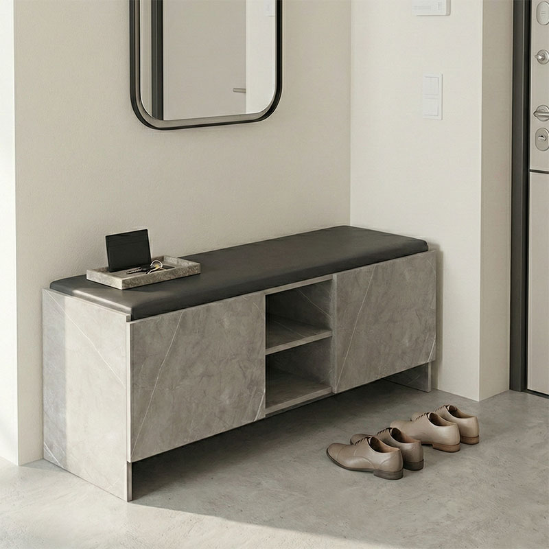 Παπουτσοθήκη-σκαμπό Zulla γκρι μπεζ εφε μαρμαρου-μαυρο 110x37x43εκ