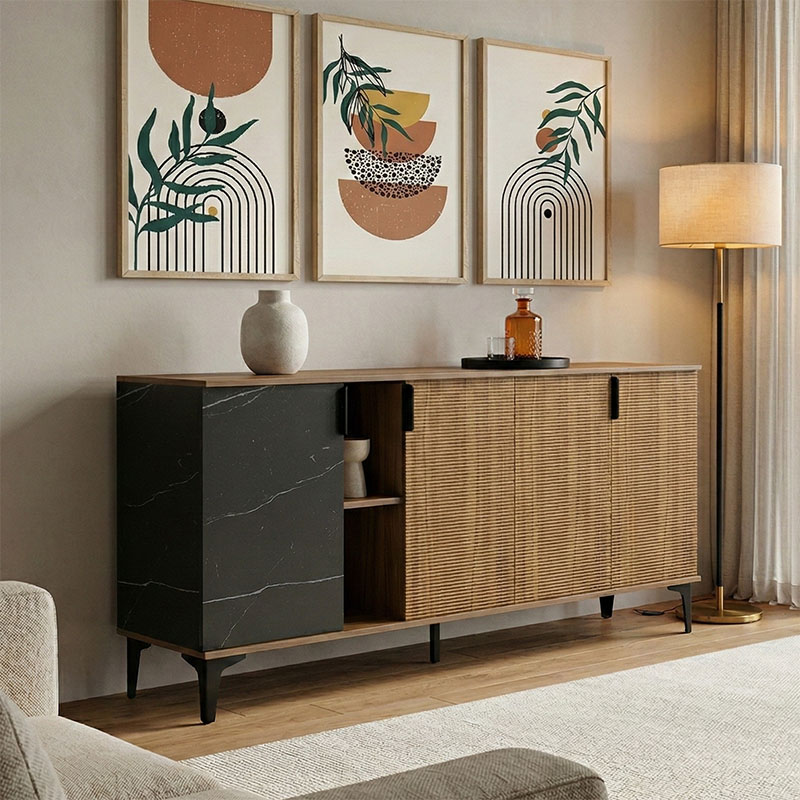 Μπουφές Riba καρυδί-μαύρη όψη μαρμάρου 180x40x78εκ