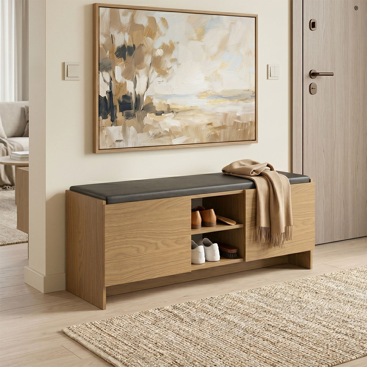 Έπιπλο εισόδου σκαμπό-παπουτσοθήκη Zulla 10 ζεύγων ανοιχτό καρυδί 110x37x43εκ