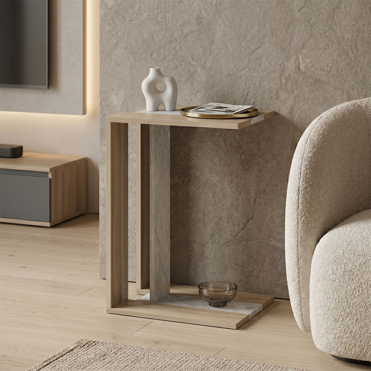 Βοηθητικό τραπέζι Muju sonoma- μπεζ οψη μαρμάρου 30x40x55εκ