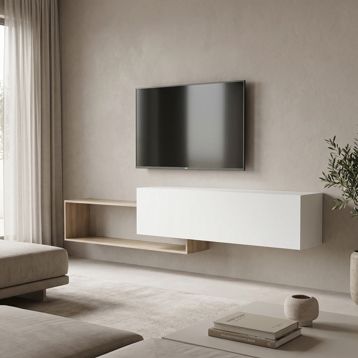 Wall mounted Tv stand Olande pakoworld sonoma-white 210x35x48cm