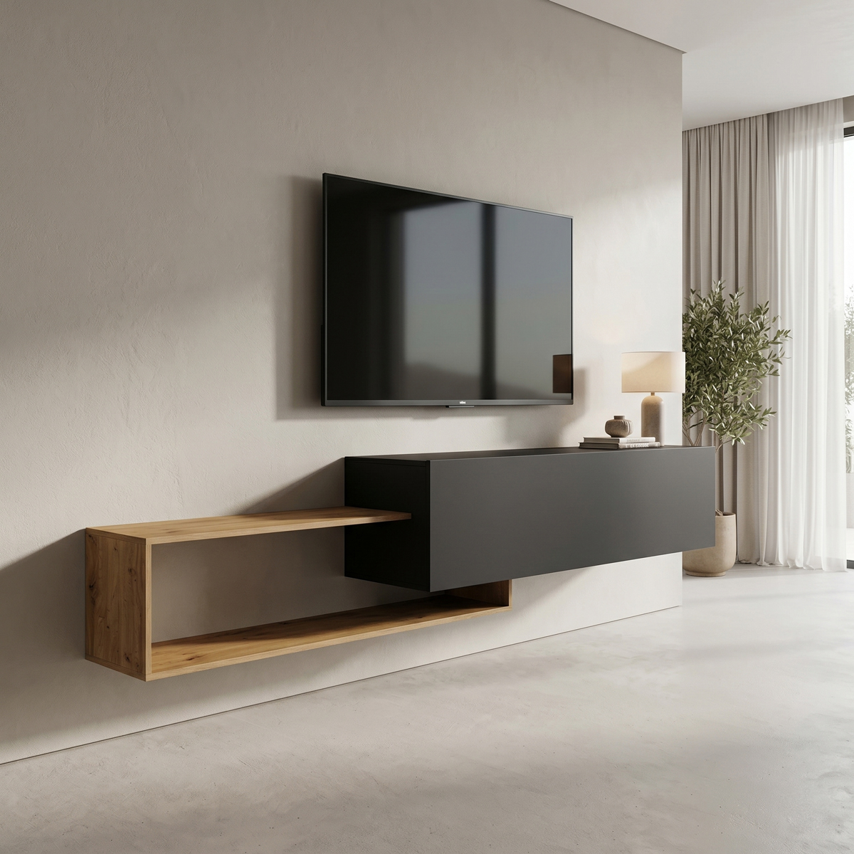 Wall mounted Tv stand Olande pakoworld oak-black 210x35x48cm