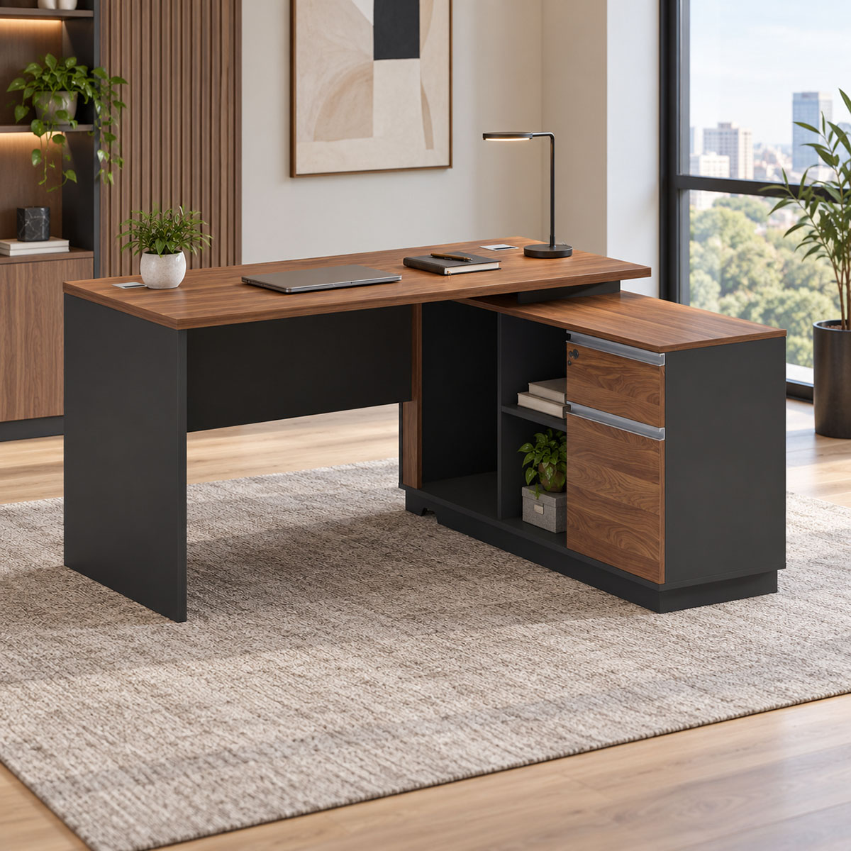 Professional desk with right corner Oscar pakoworld melamine in walnut-anthracite shade140x120x76cm
