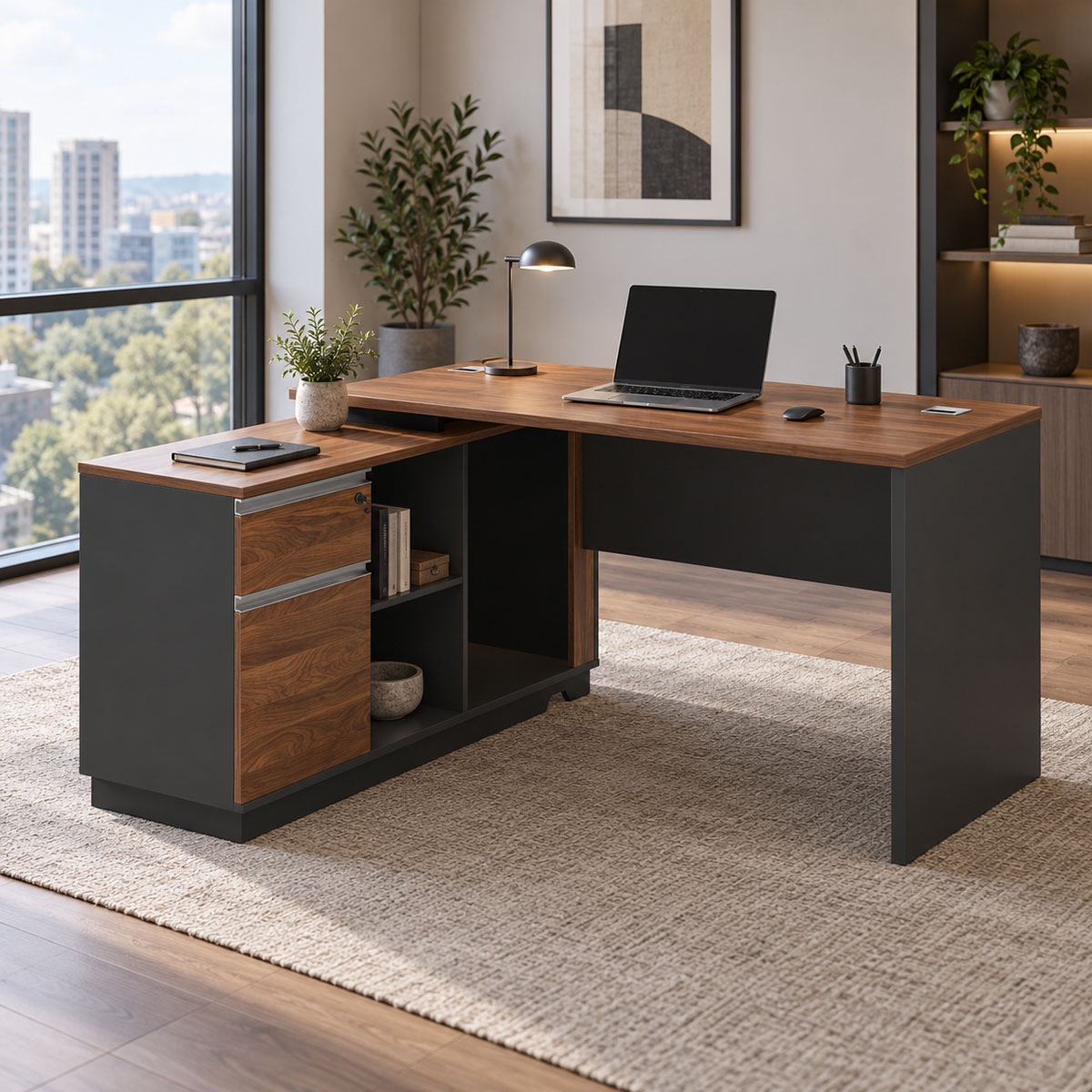 Professional desk with left corner Oscar pakoworld melamine in walnut-anthracite 140x120x76cm