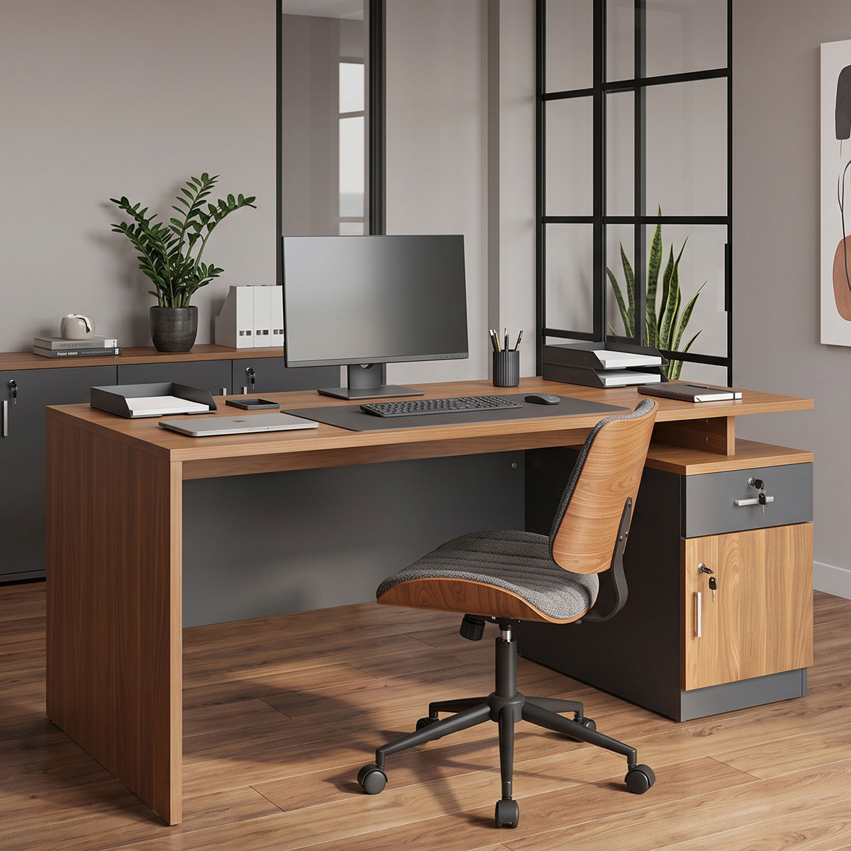 Professional office desk Oscar pakoworld in walnut-dark grey color 150x80x76cm