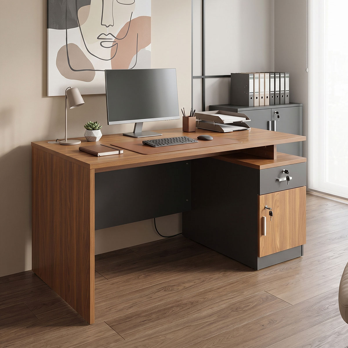 Professional office desk Oscar pakoworld in walnut-dark grey color 120x70x76cm