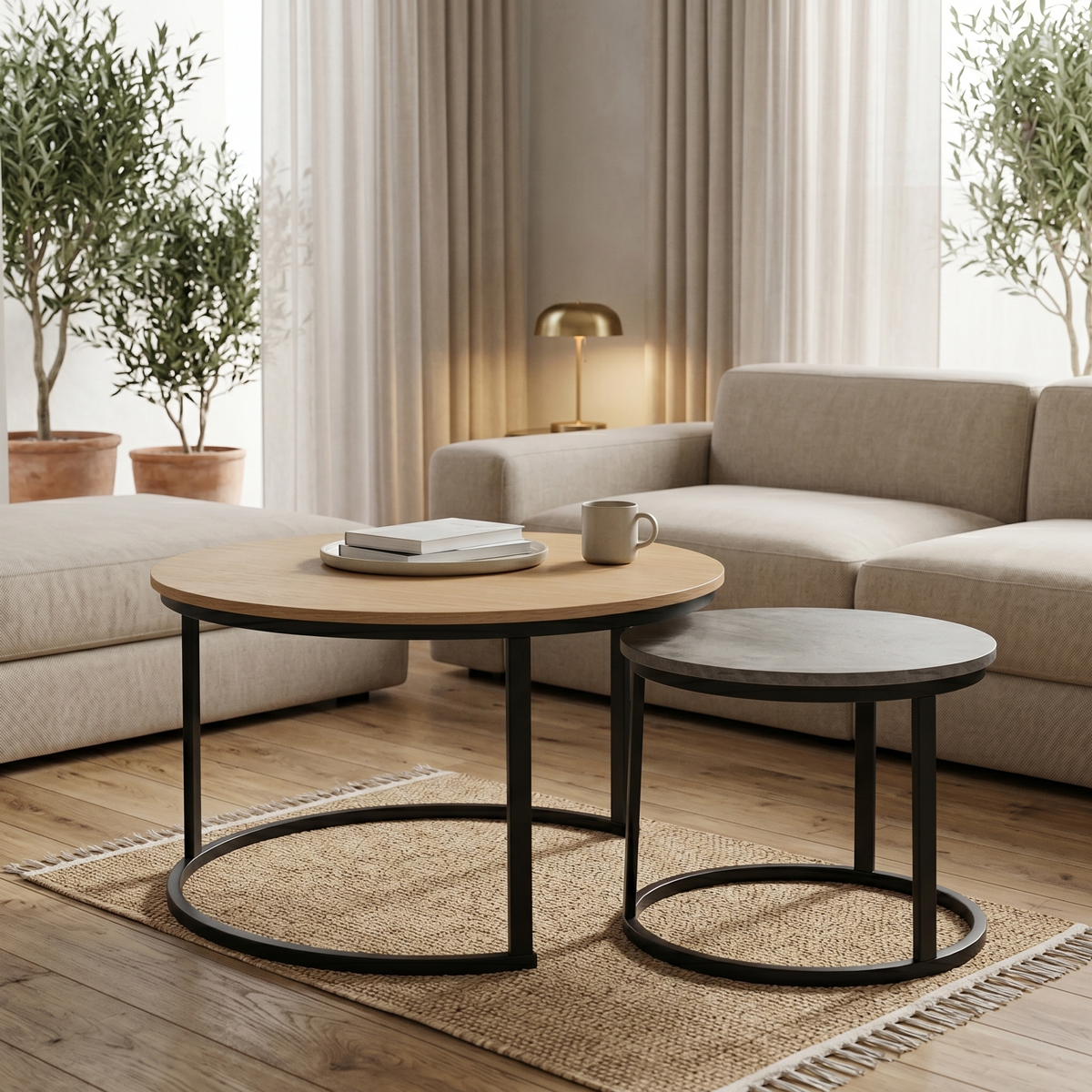 Coffee tables Solme I pakoworld set 2pcs oak with antique grey and black metal legs