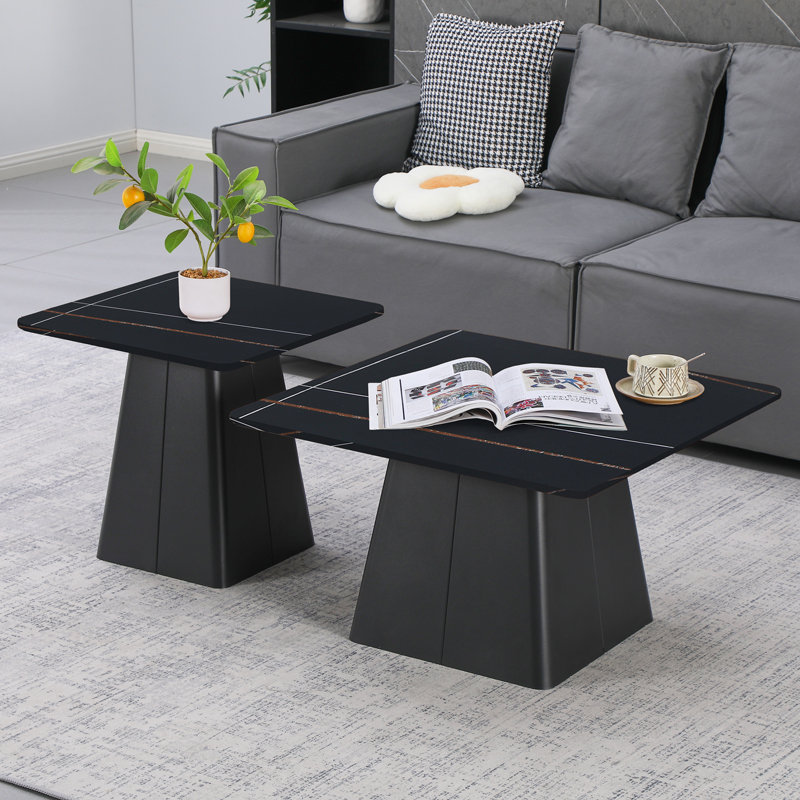 Square pakoworld coffee tables set of 2 metal-sintered stone in black marble color