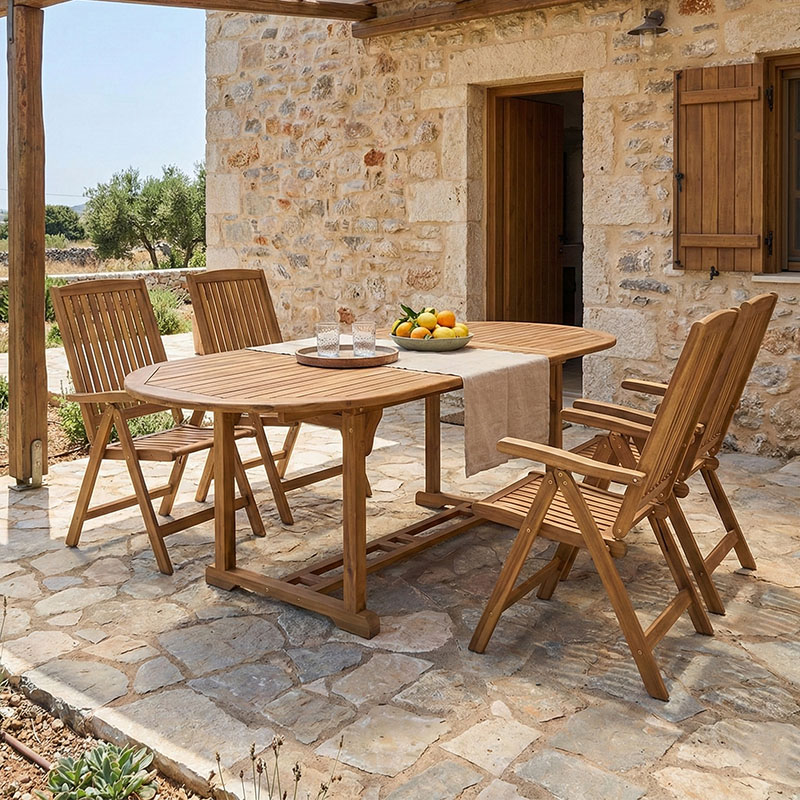 Dining table Zerco-Sopho I set of 5 natural solid acacia wood 200/150x100x75cm