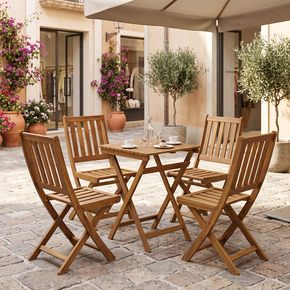 Τραπεζαρία Elijie-Lazio σετ 5τεμ πτυσσόμενο φυσικό μασίφ ξύλο ακακίας 50x50x70εκ