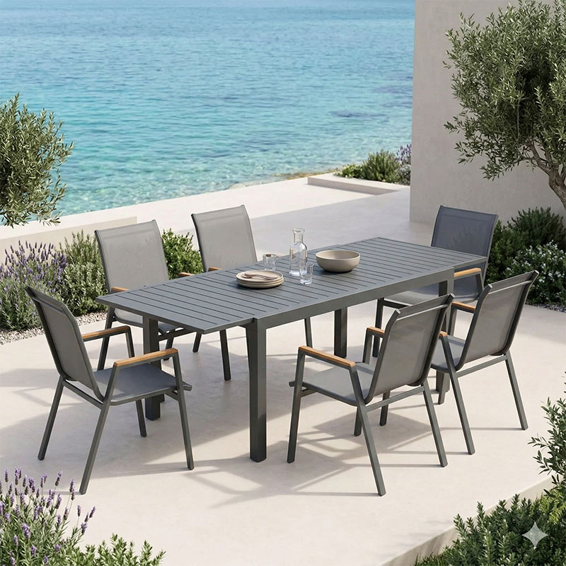 Τραπεζαρία Azelie-Lafla σετ 7τεμ ανθρακί ύφασμα-ανθρακί αλουμίνιο 160-240x90x75εκ