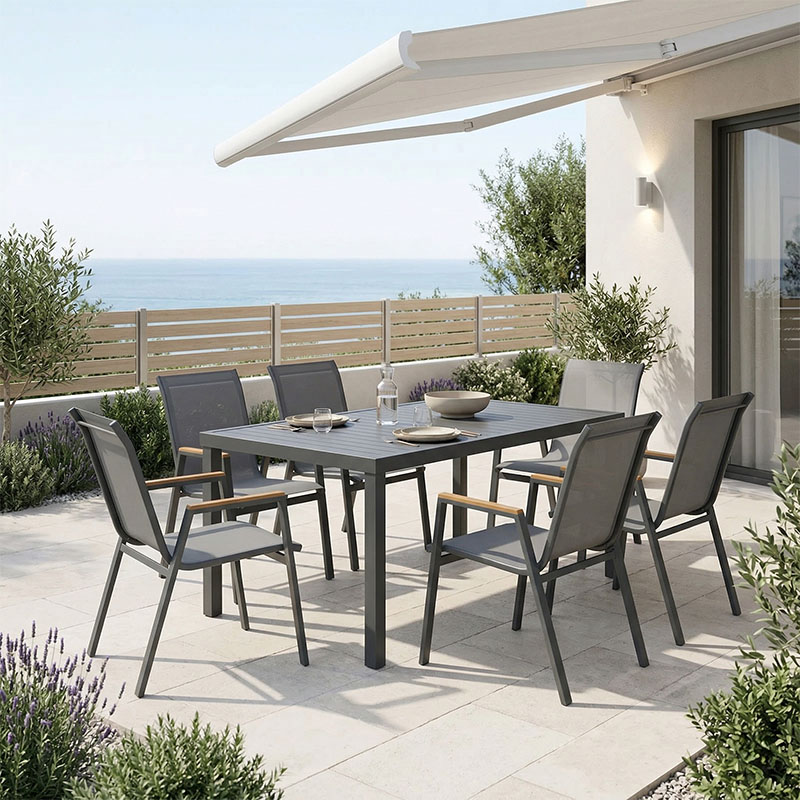 Τραπεζαρία Azelie-Kliton σετ 7τεμ ανθρακί ύφασμα-ανθρακί αλουμίνιο 150x80x74εκ