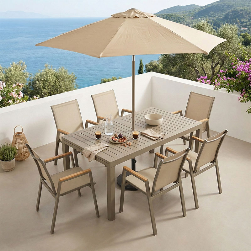 Lafla-Azelie dining table set of 7 mocha aluminum and plywood in natural shade 160-240x90x75cm
