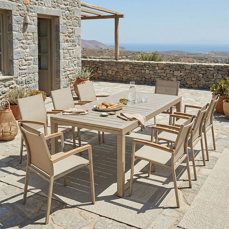Lafla-Azelie dining table set of 9 champagne aluminum and plywood in natural shade 160-240x90x75cm