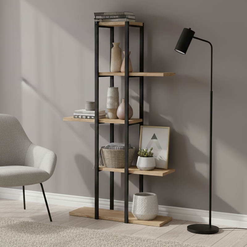 Floor shelf Ploko oak melamine-black metal 60x24.7x111cm