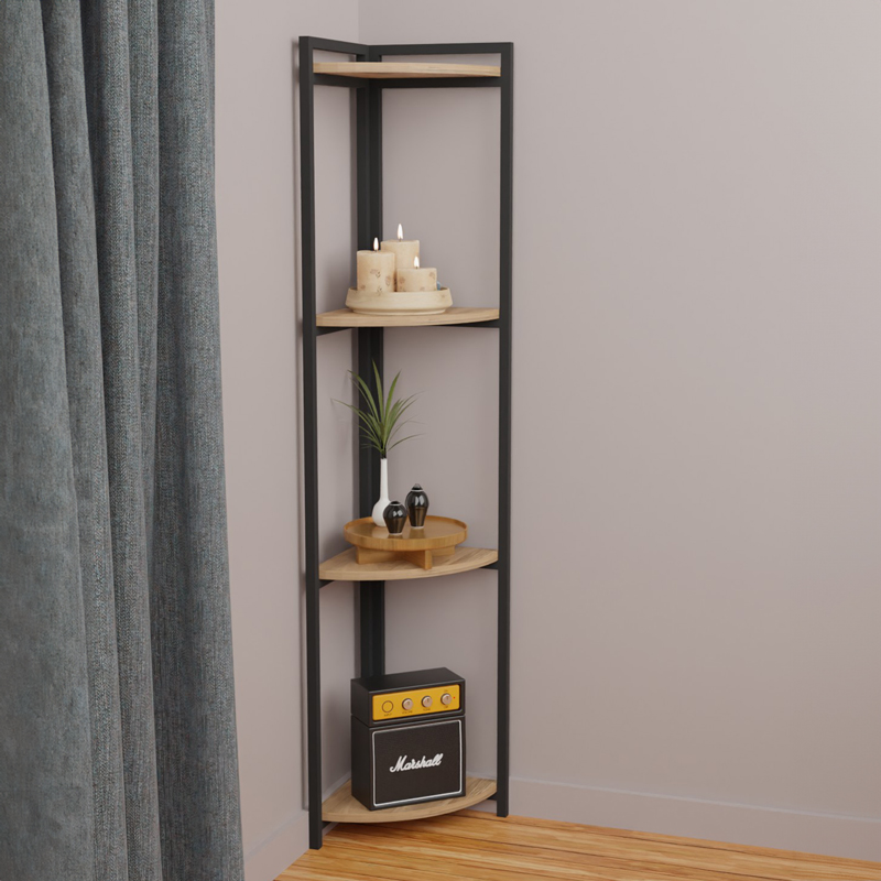 Floor corner shelf Byrk oak melamine-black metal 30x30x160cm