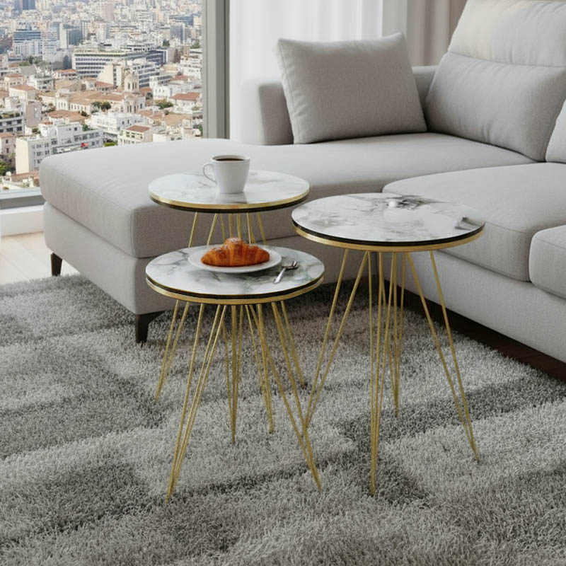 Βοηθητικά τραπέζια Wakmi σετ 3τεμ λευκό μπεζ μαρμάρου μελαμίνης-χρυσό μέταλλο