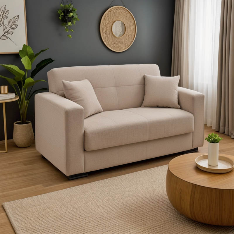 Sofa-bed with storage two-seater Vox cream fabric 154x82x83cm