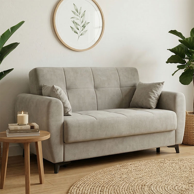 Sofa-bed with storage two-seater Lincoln gray-beige fabric 165x75x85cm