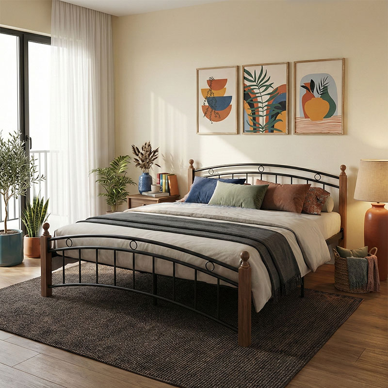 Queen size bed Clarive pakoworld walnut color wood-black metal 160x200cm