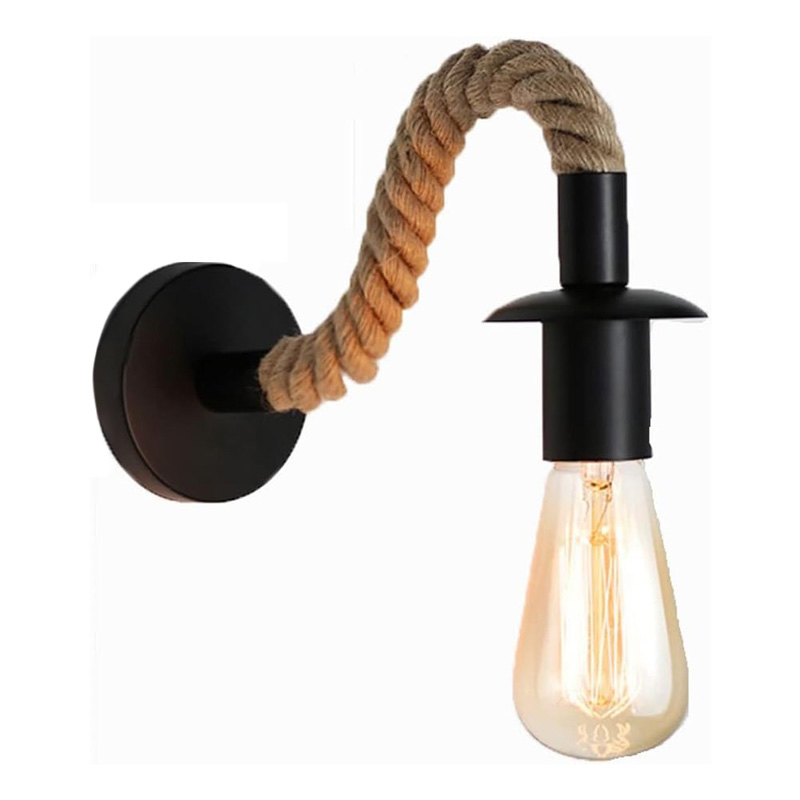 Wall light Kaniwel E27 metal and rope in black-natural color 28x10x10cm
