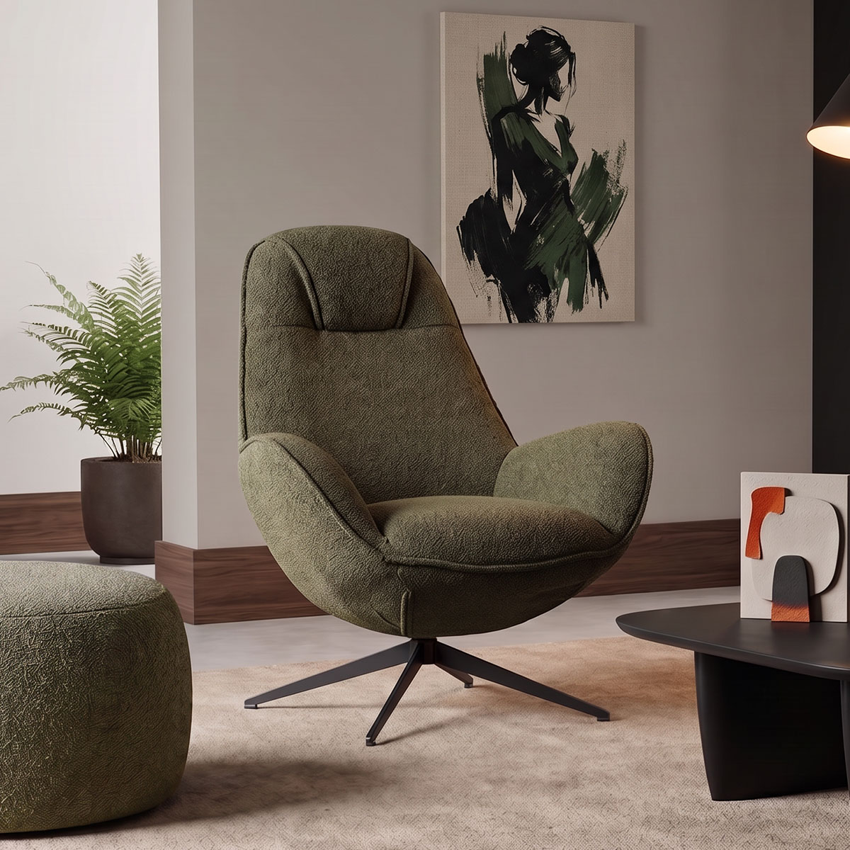Armchair rotating Flago pakoworld boucle fabric olive green 85x88x103.5cm