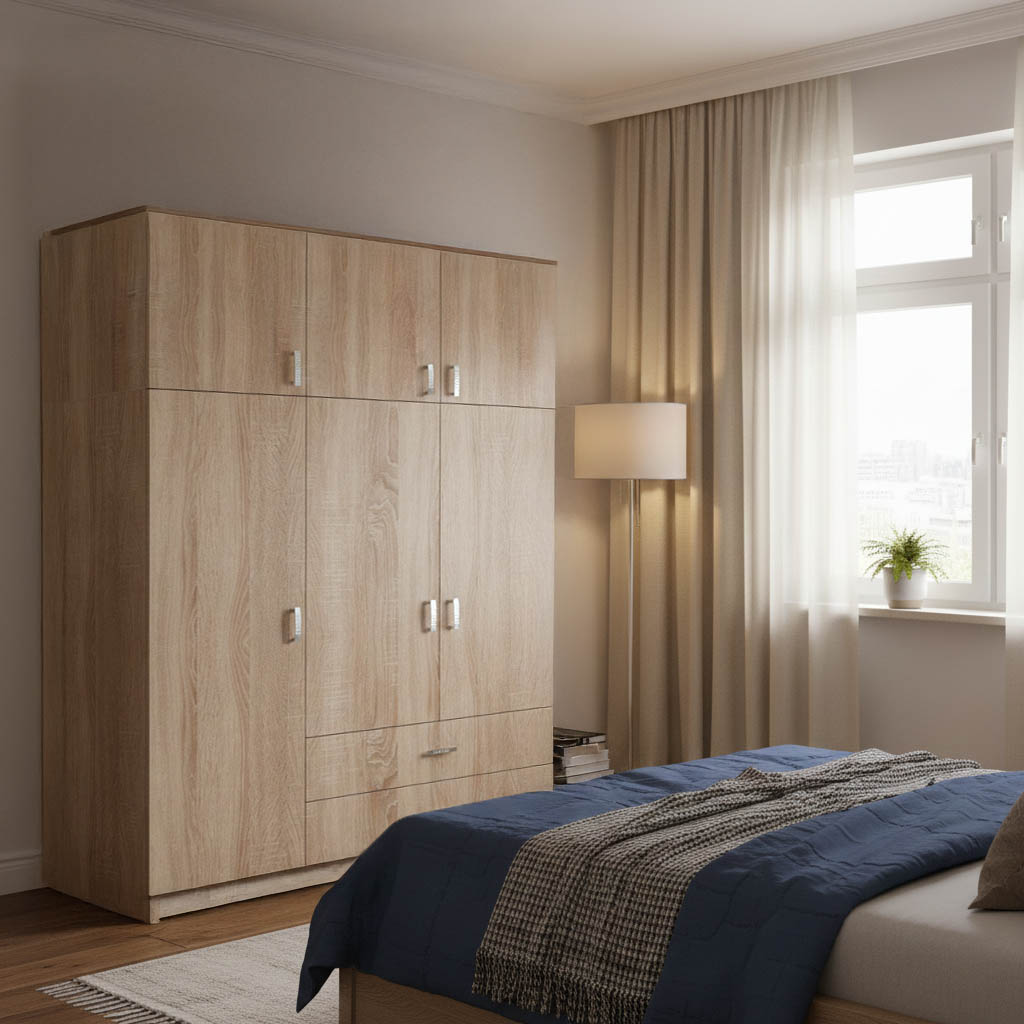 Royal pakoworld three-leaf wardrobe with drawers and loft sonoma 150x58x230cm