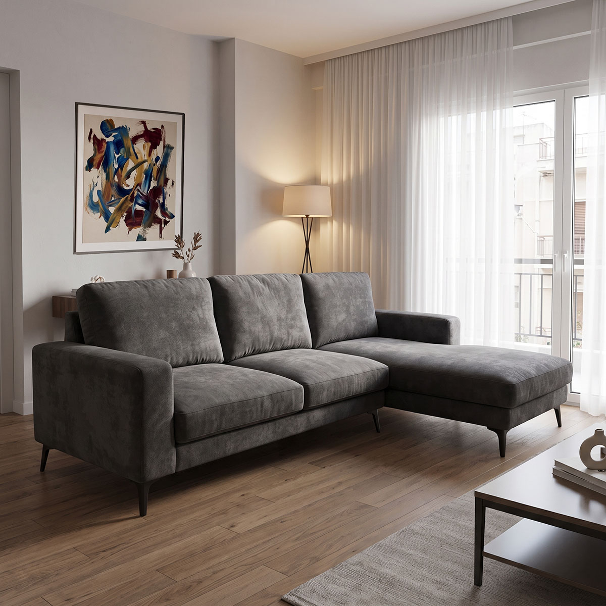 Left corner sofa Menande pakoworld anthracite fabric 248x160x89cm