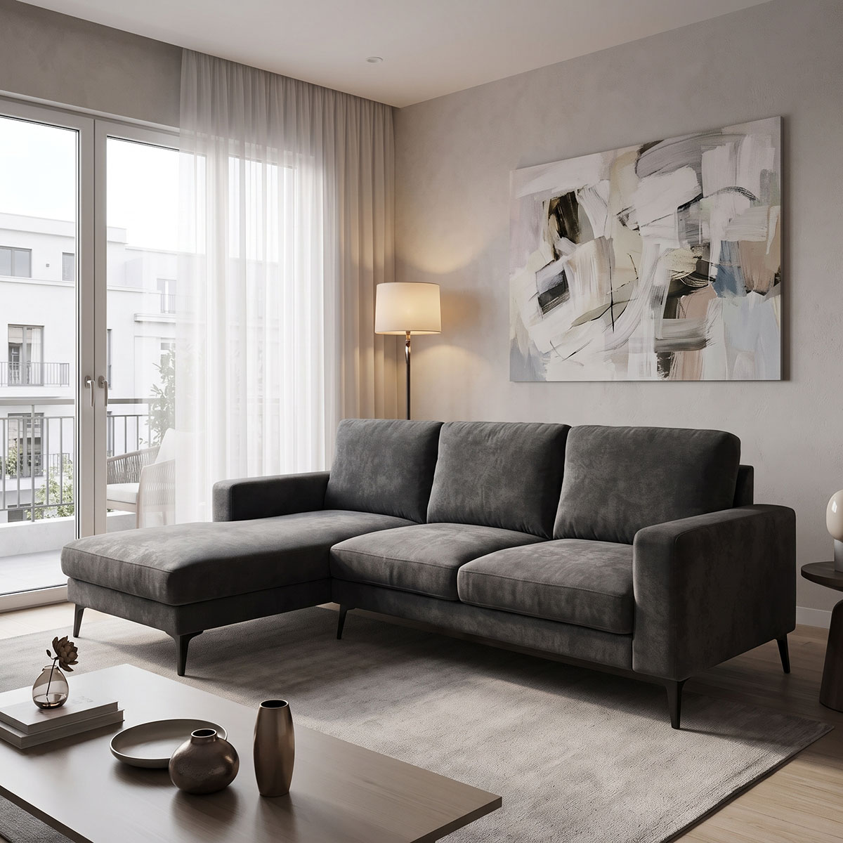 Right corner sofa Menande pakoworld anthracite fabric 248x160x89cm