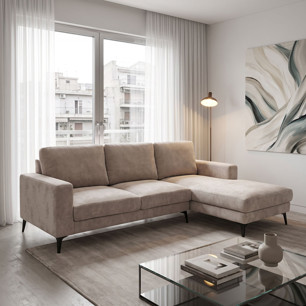 Left corner sofa Menande pakoworld beige fabric 248x160x89cm