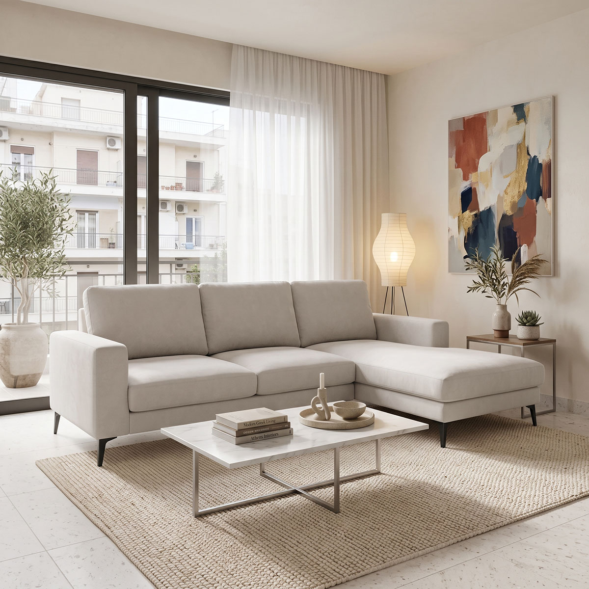Left corner sofa Menande pakoworld ivory fabric 248x160x89εκ