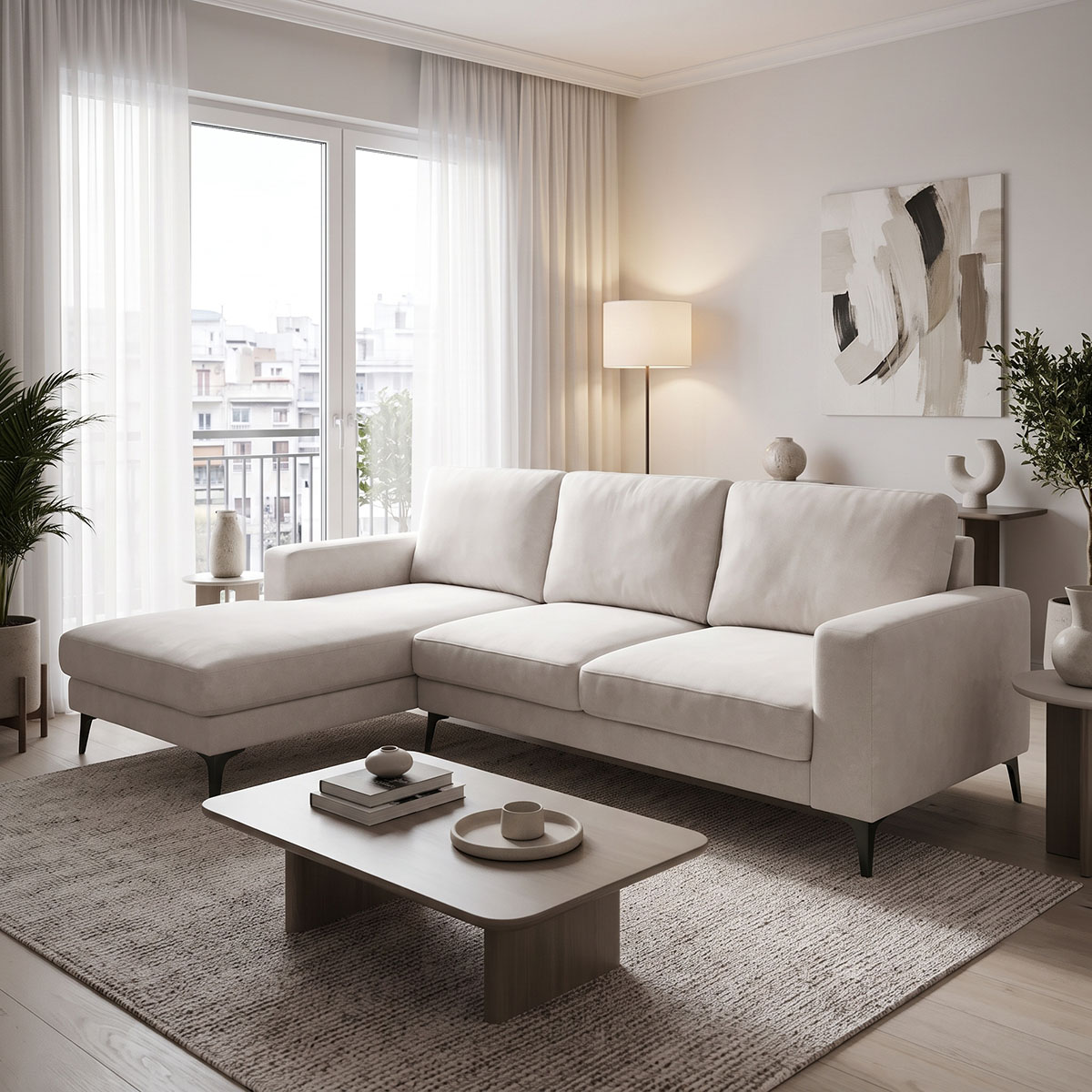 Right corner sofa Menande pakoworld ivory fabric 248x160x89cm