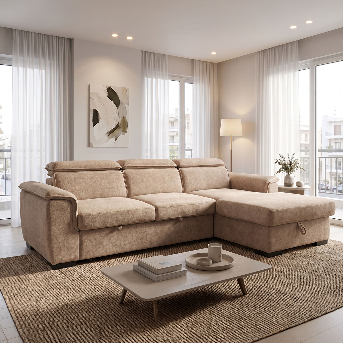 Left corner sofa-bed Lemance pakoworld beige fabric 255x168x82cm