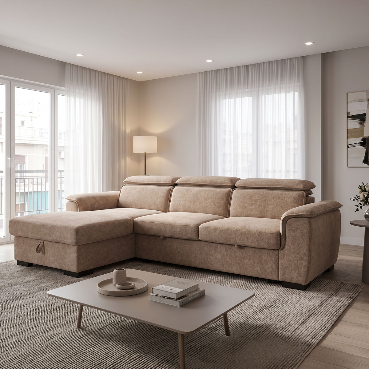 Right corner sofa-bed Lemance pakoworld beige fabric 255x168x82cm