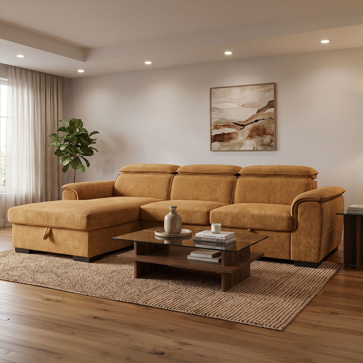 Right corner sofa-bed Lemance pakoworld camel fabric 255x168x82cm