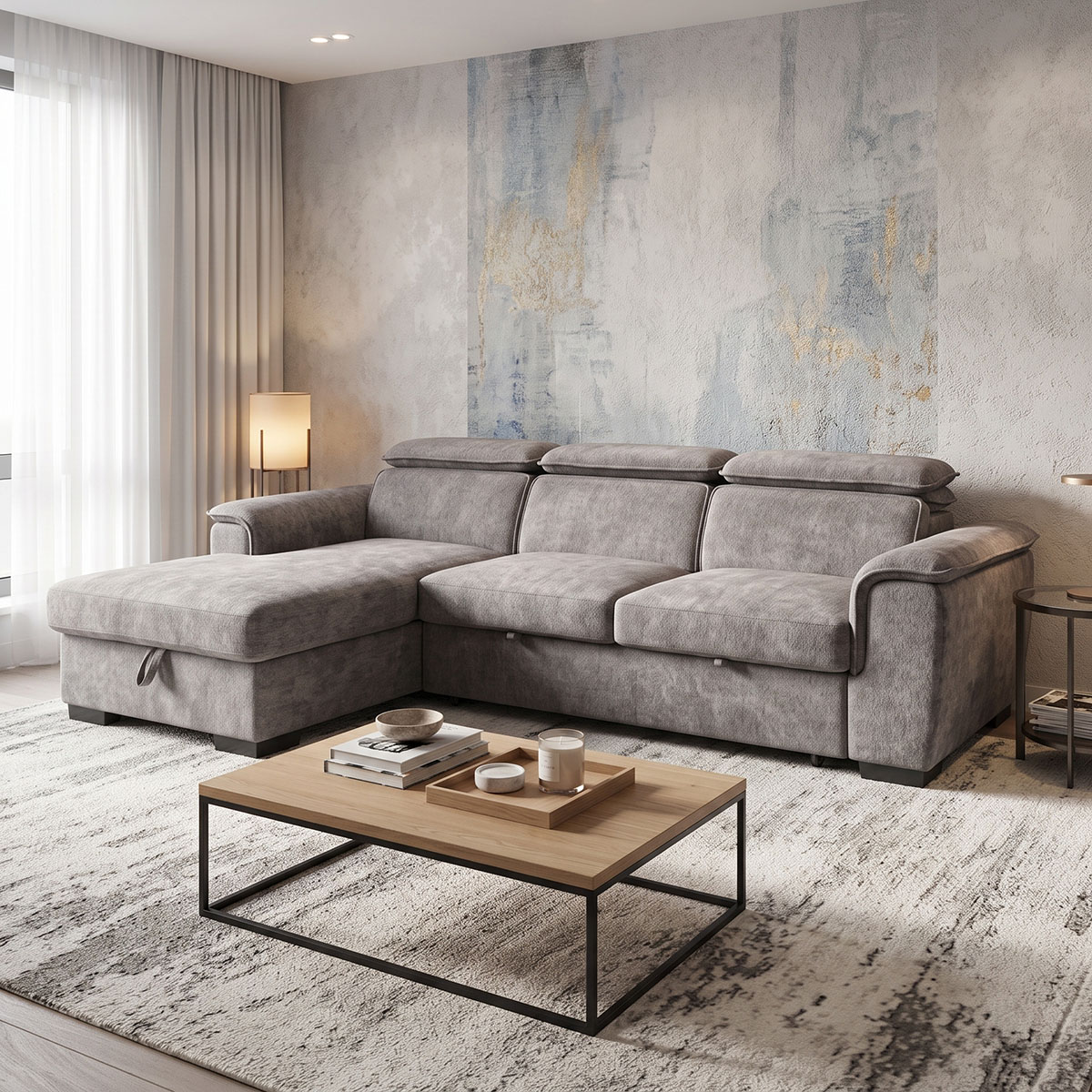 Right corner sofa-bed Lemance pakoworld grey fabric 255x168x82cm