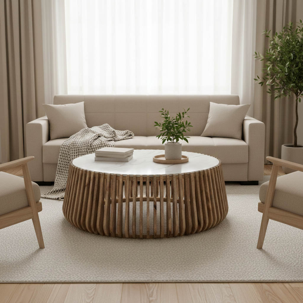 Coffee table Mable pakoworld mango wood in natural color and marble look surface D120x45cm