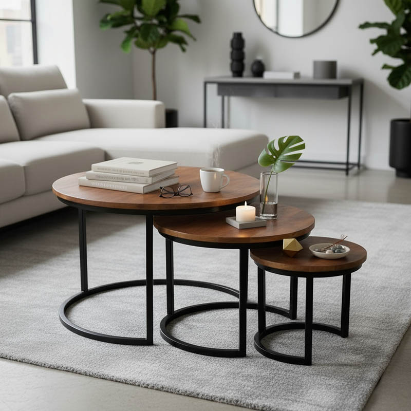 Frina pakoworld coffee table set of 3 mango wood in walnut color with black metal leg